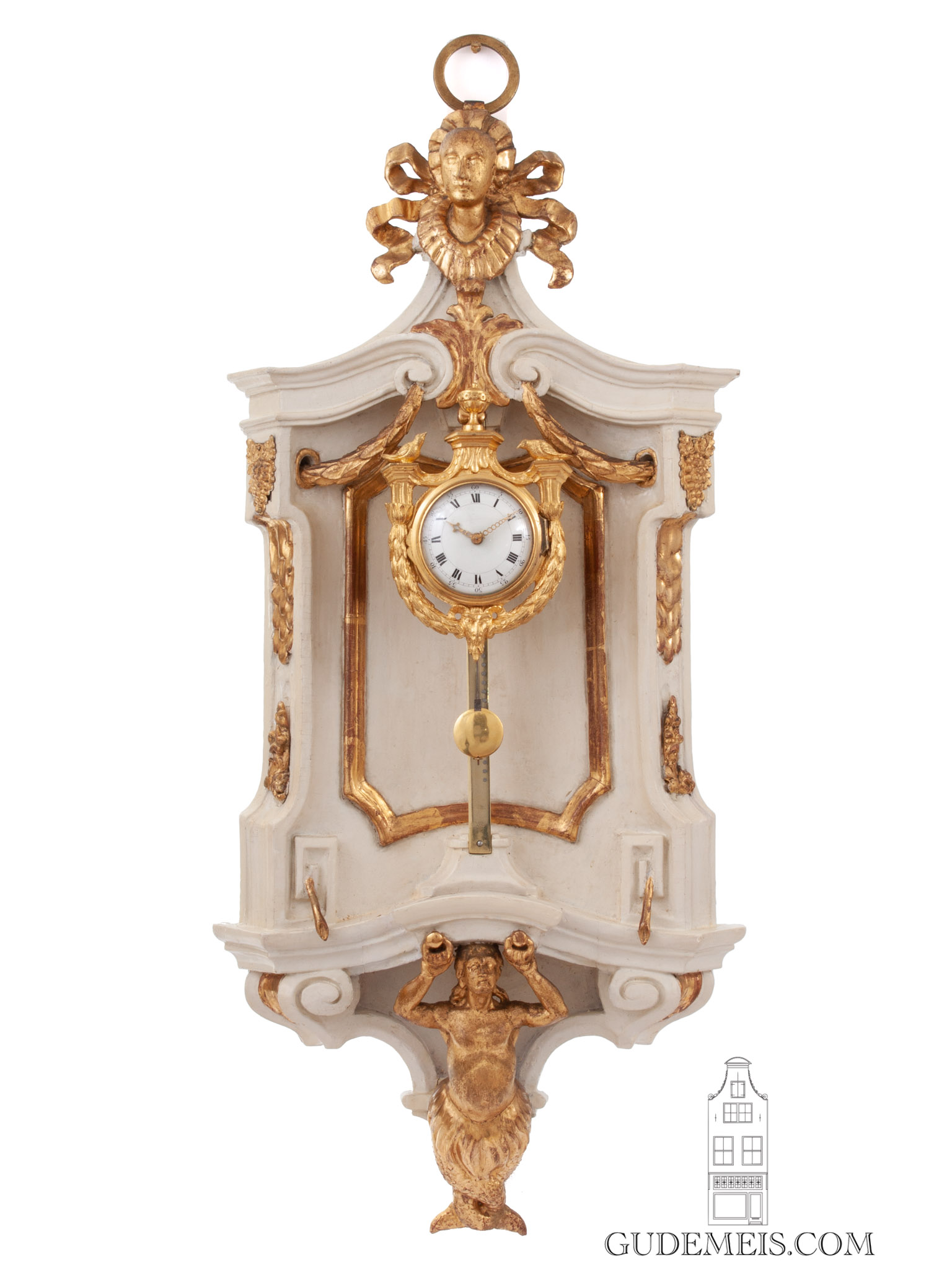 South-German-Louis XVI-parcel-gilt-painted-gilt-bronze-sculptural-rack-clock-