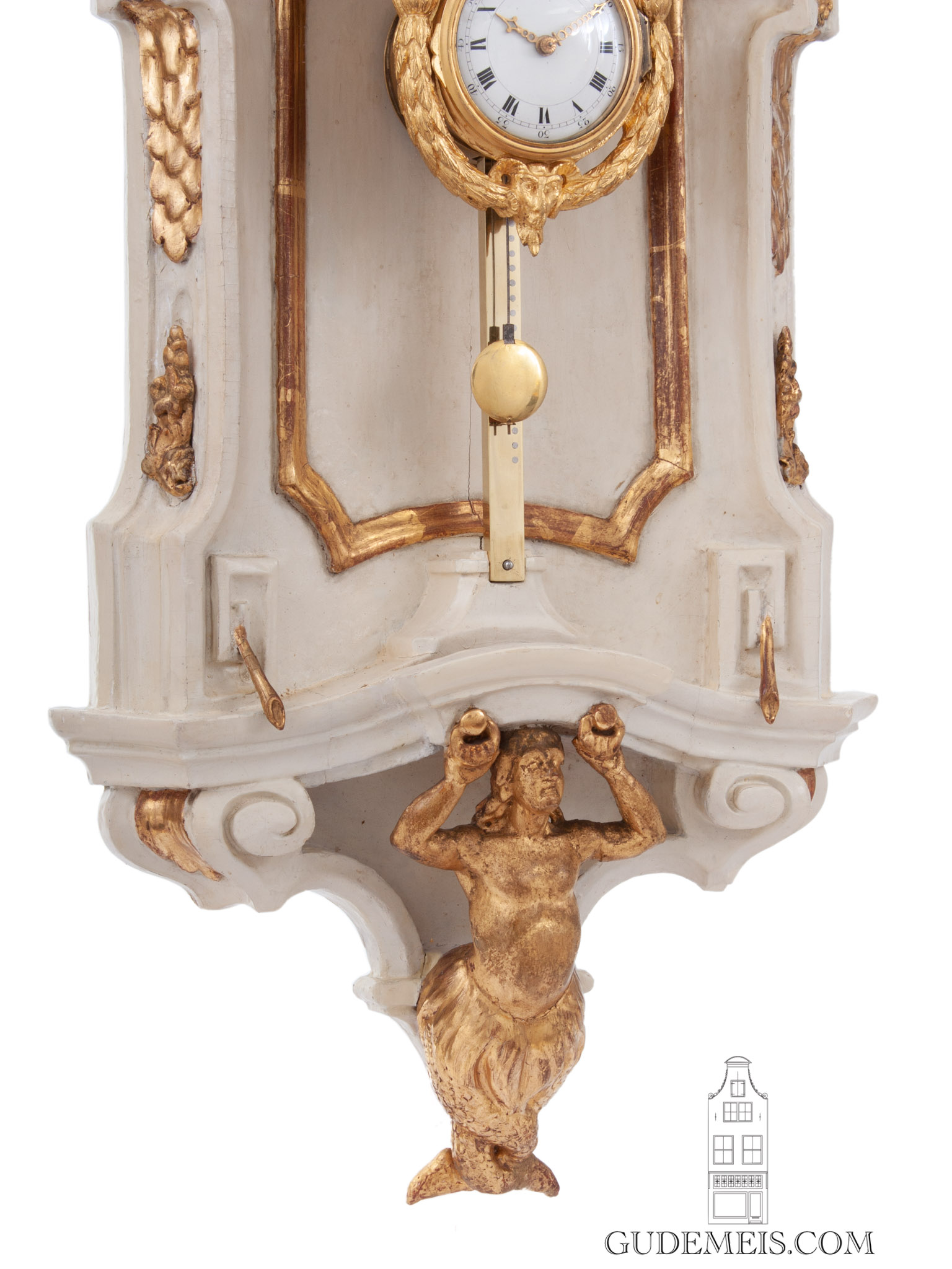 South-German-Louis XVI-parcel-gilt-painted-gilt-bronze-sculptural-rack-clock-