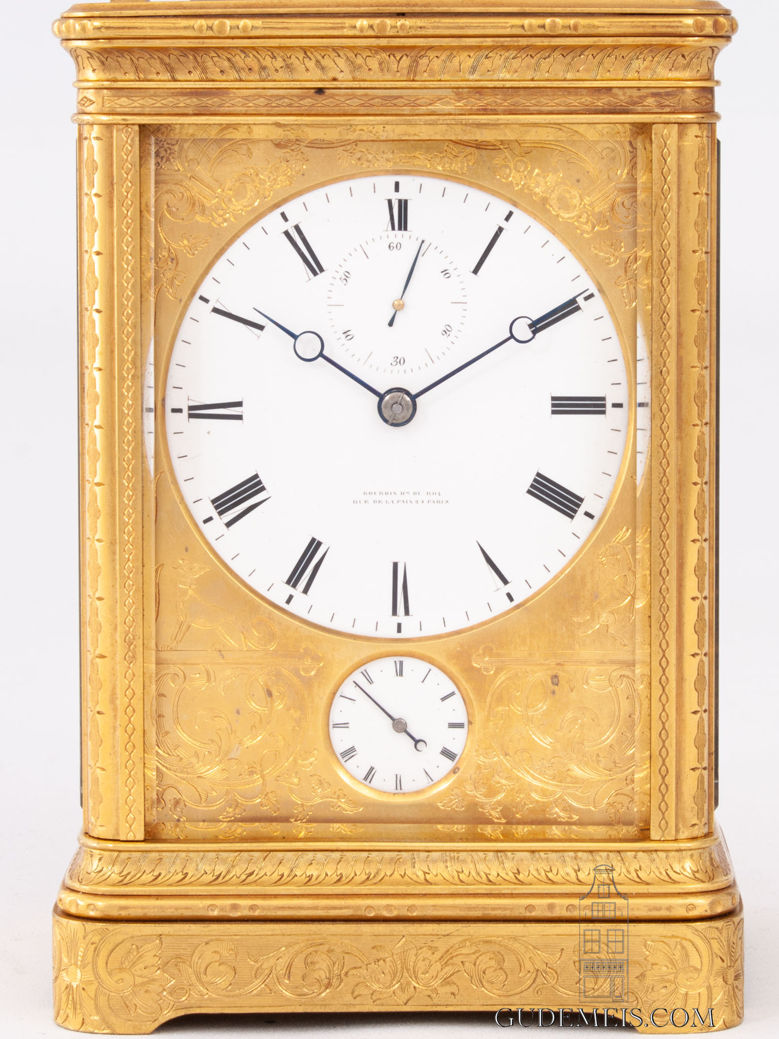 early-French-Louis-Philippe-foliate-engraved-gilt-brass-corniche-case-striking-alarm-carriage-travel-clock-duplex-escapement-bourdin-hrologer-du-roi-paris-