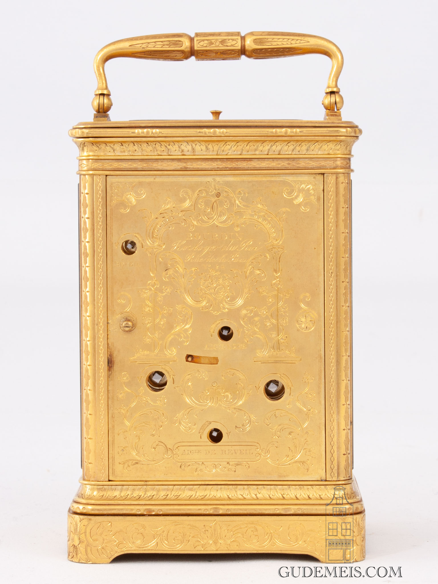 early-French-Louis-Philippe-foliate-engraved-gilt-brass-corniche-case-striking-alarm-carriage-travel-clock-duplex-escapement-bourdin-hrologer-du-roi-paris-