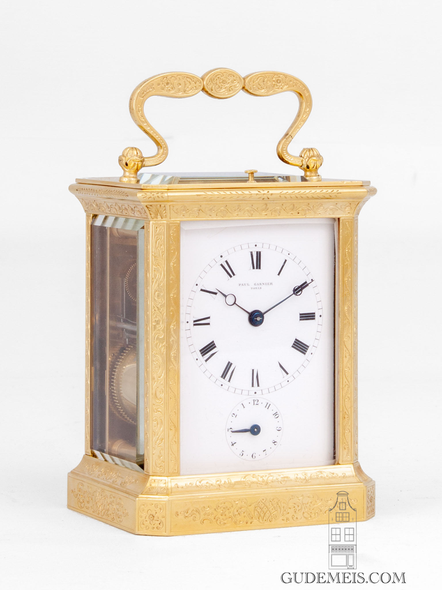 French-engraved-gilt-brass-striking-repeating-alarm-antique-carriage-travel-clock-Paul-Garnier-chaff-cutter-escapement-