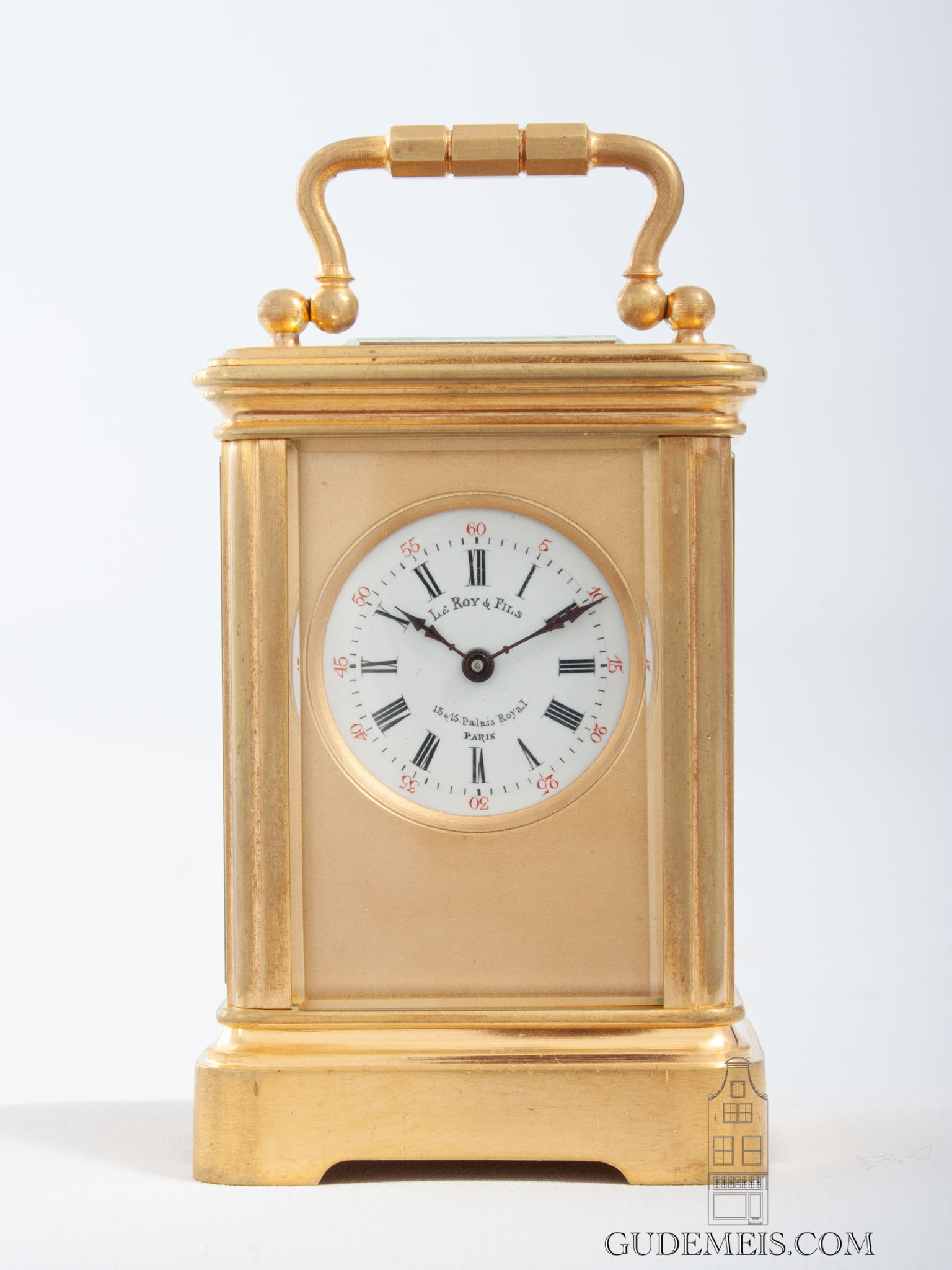 French-gilt-brass-corniche-miniature-small-carriage-travel-clock-Leroy-paris-