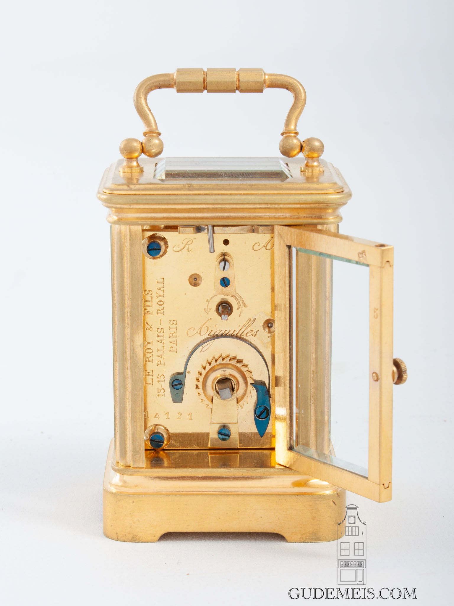 French-gilt-brass-corniche-miniature-small-carriage-travel-clock-Leroy-paris-