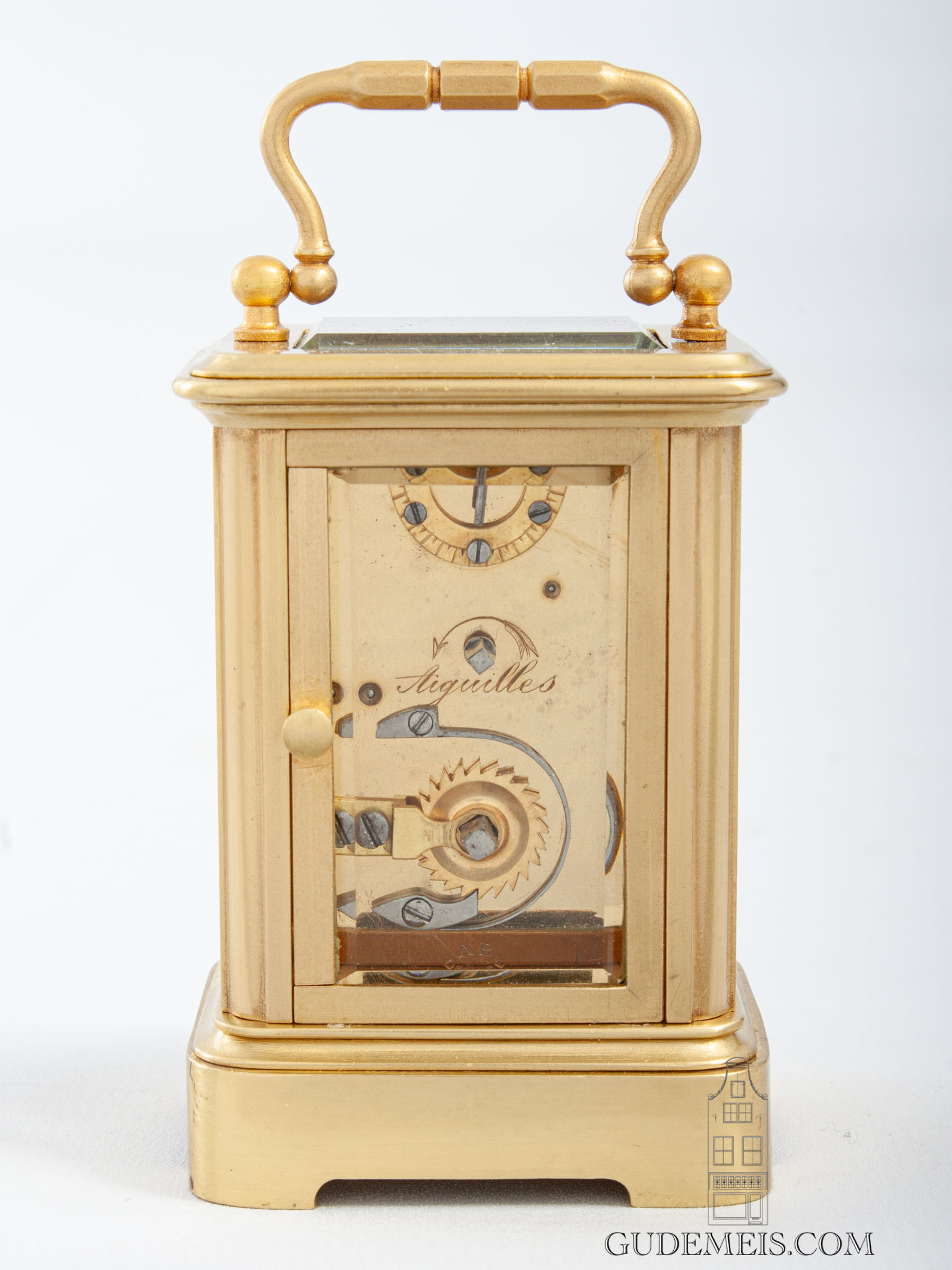 French-gilt-brass-corniche-case-miniature-travel-carriage-clock-guilloche-mask-