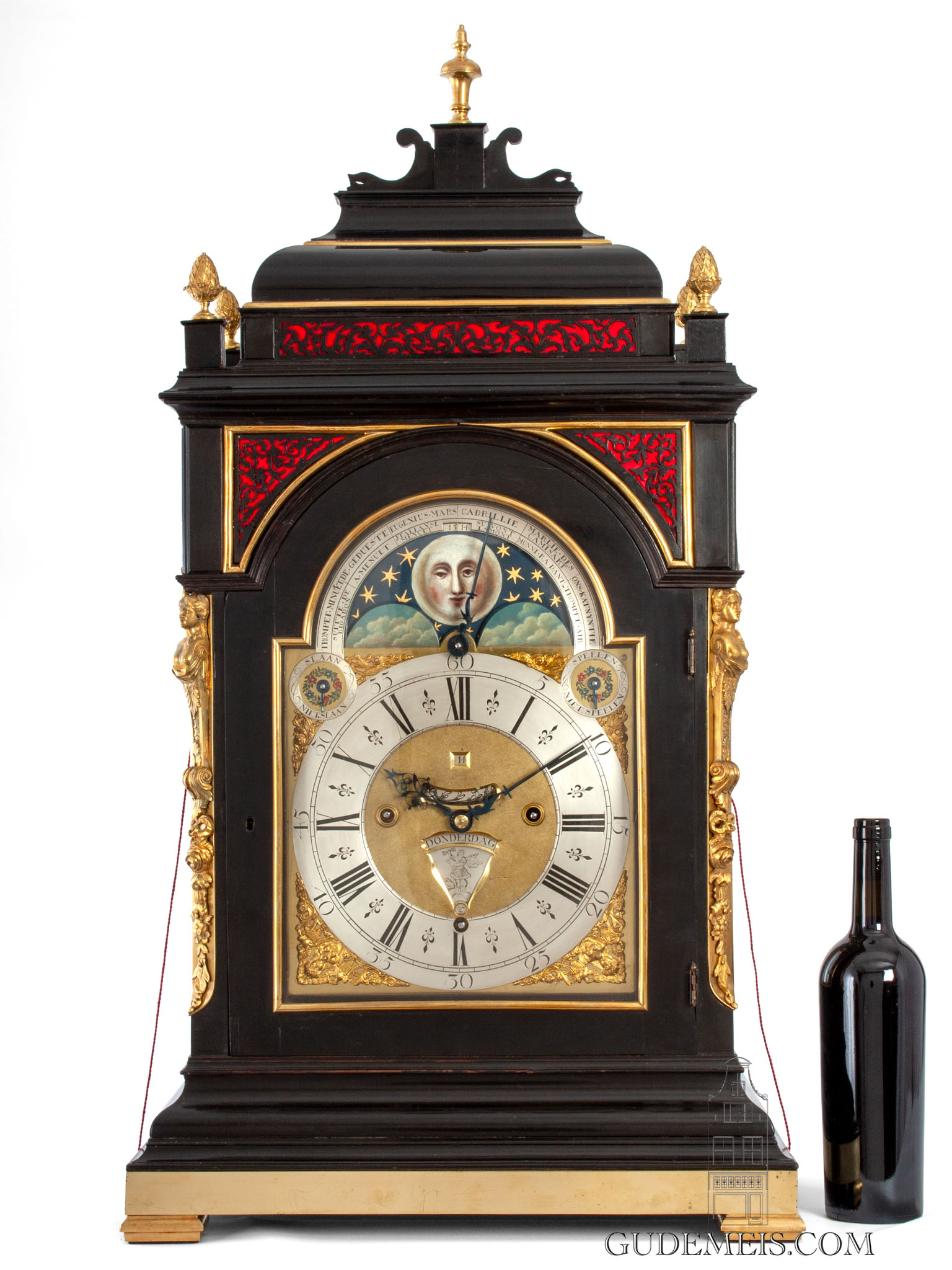 large-imposing-English-Dutch-ebony-striking-calendar-musical-mechanism-antique-bracket-table-clock-Royal-Dutch-provenance-wilhelmina-juliana-Noordeinde-lange-voorhout-