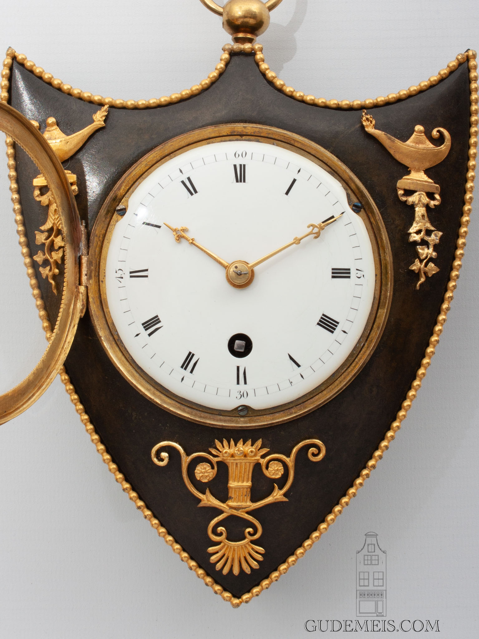 miniature-French-patinated-gilt-bronze-ormolu-Empire-napoleon-cartel-antique-clock-