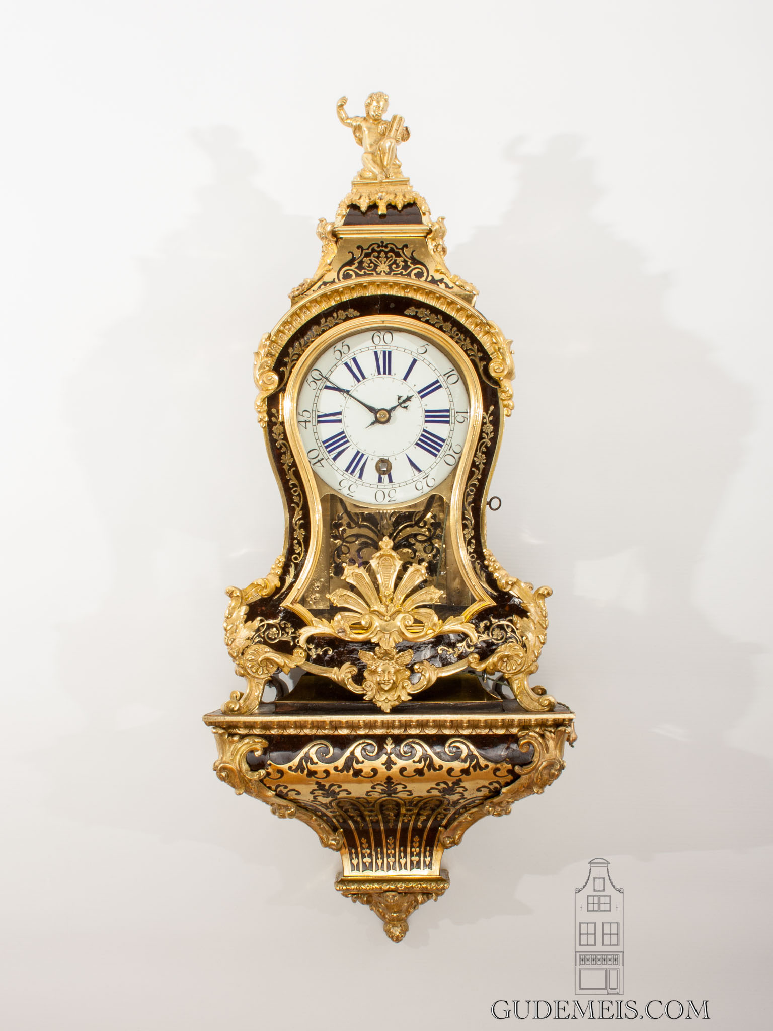 small-French-Regence-LXV-brass-Boulle-quarter-repeating-alcove-antique-console-bracket-clock-Lieuataud-Paris-