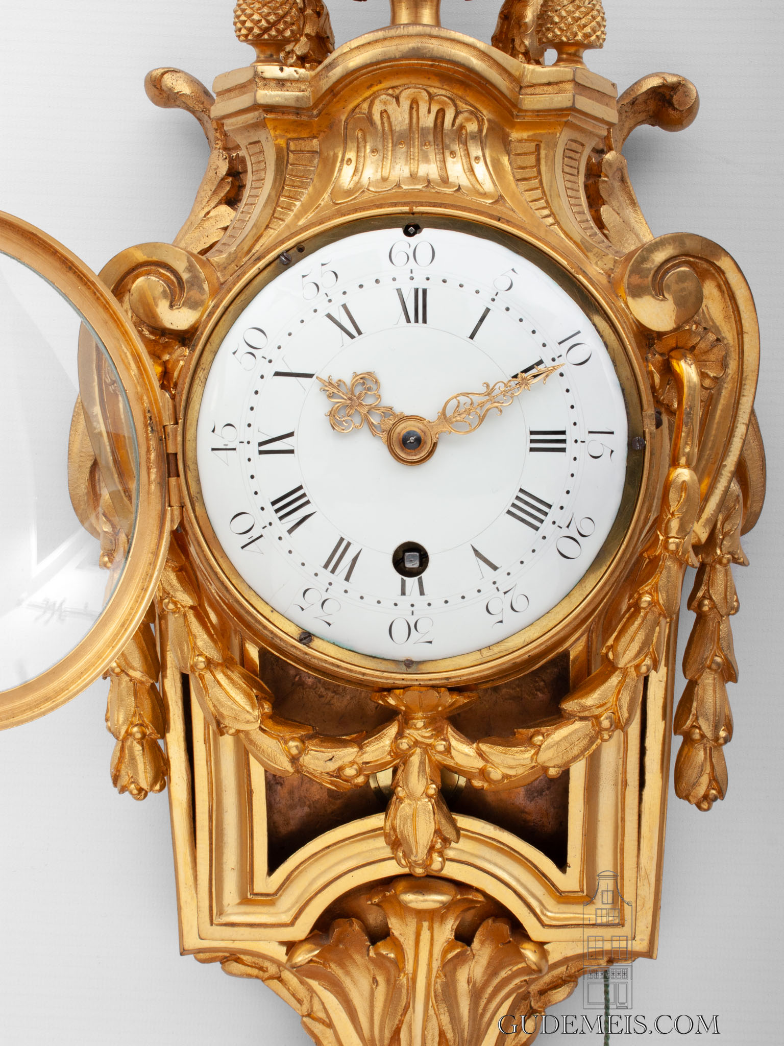French-Louis XVI-ormolu-gilt-bronze-classical-small-miniature-repeating-cartel-antique-wall-clock-