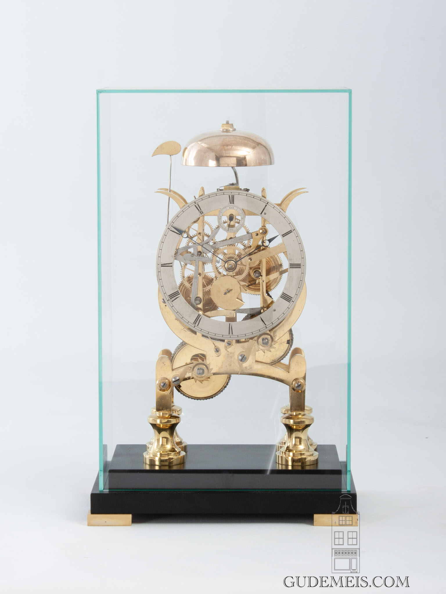 Victorian-English-lyre-brass-antique-skeleton-clock-bell-striking-balance-lever-escapement-Dent-London-