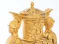 French-Empire-ormolu-gilt-bronze-striking-antique-urn-mantel-clock-aux Tetes-de-guerriers-