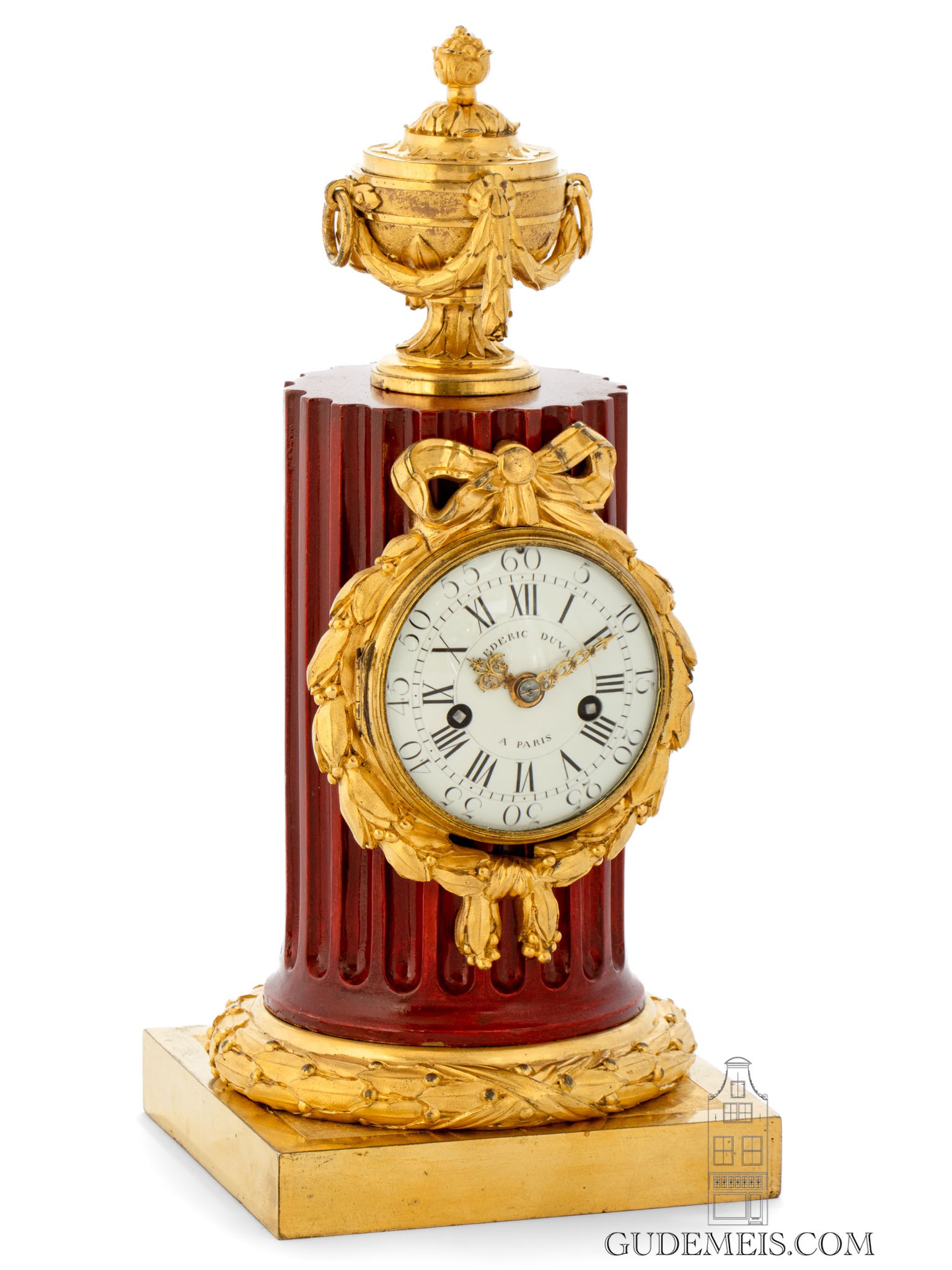 French-Louis XVI-patinated-gilt-ormolu-bronze-column-mantel-clock-Robert-Osmond-