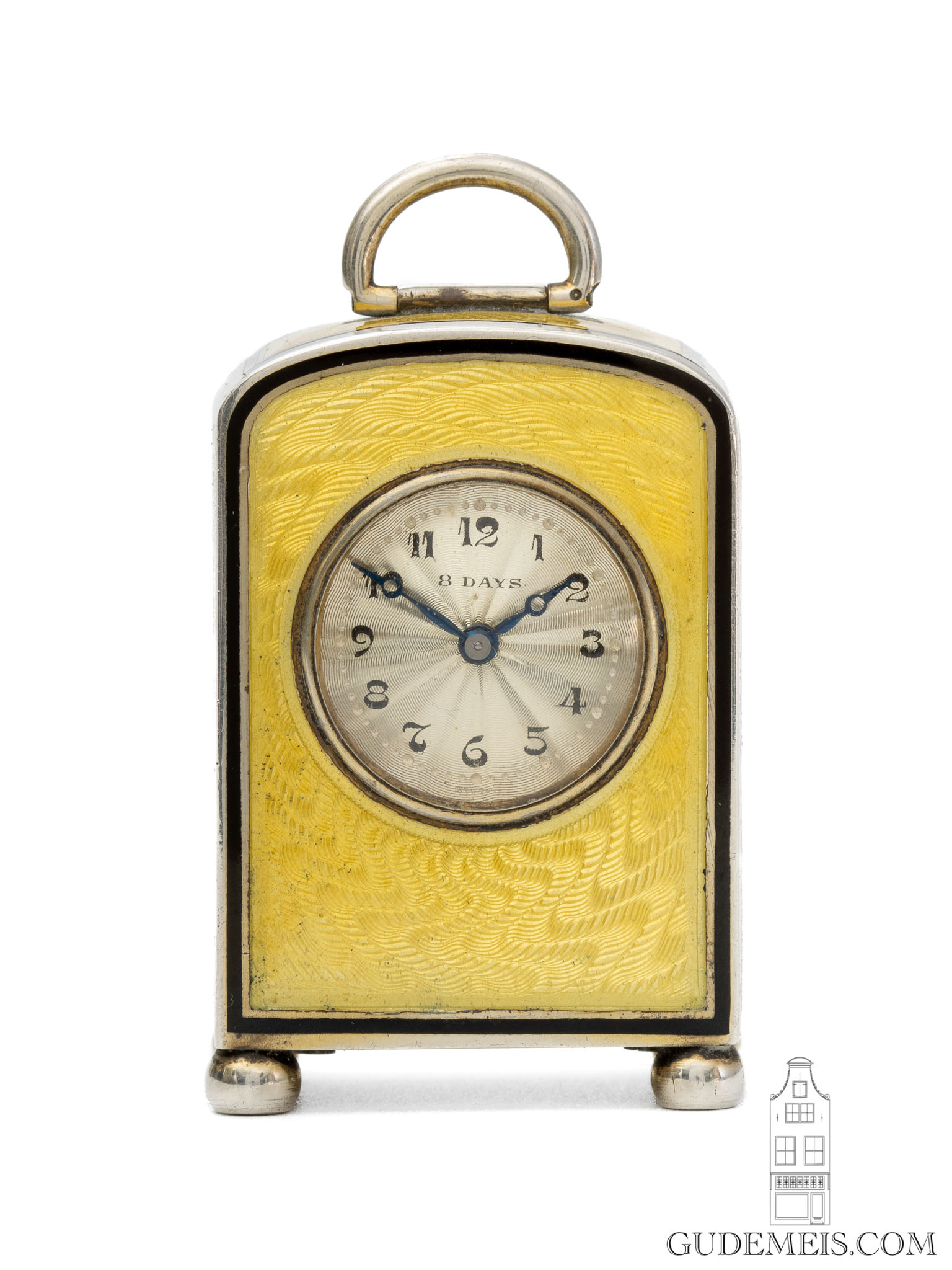 Swiss-art-deco-sterling-silver-sub-miniature-guilloche-enamel-yellow-travel-clock-