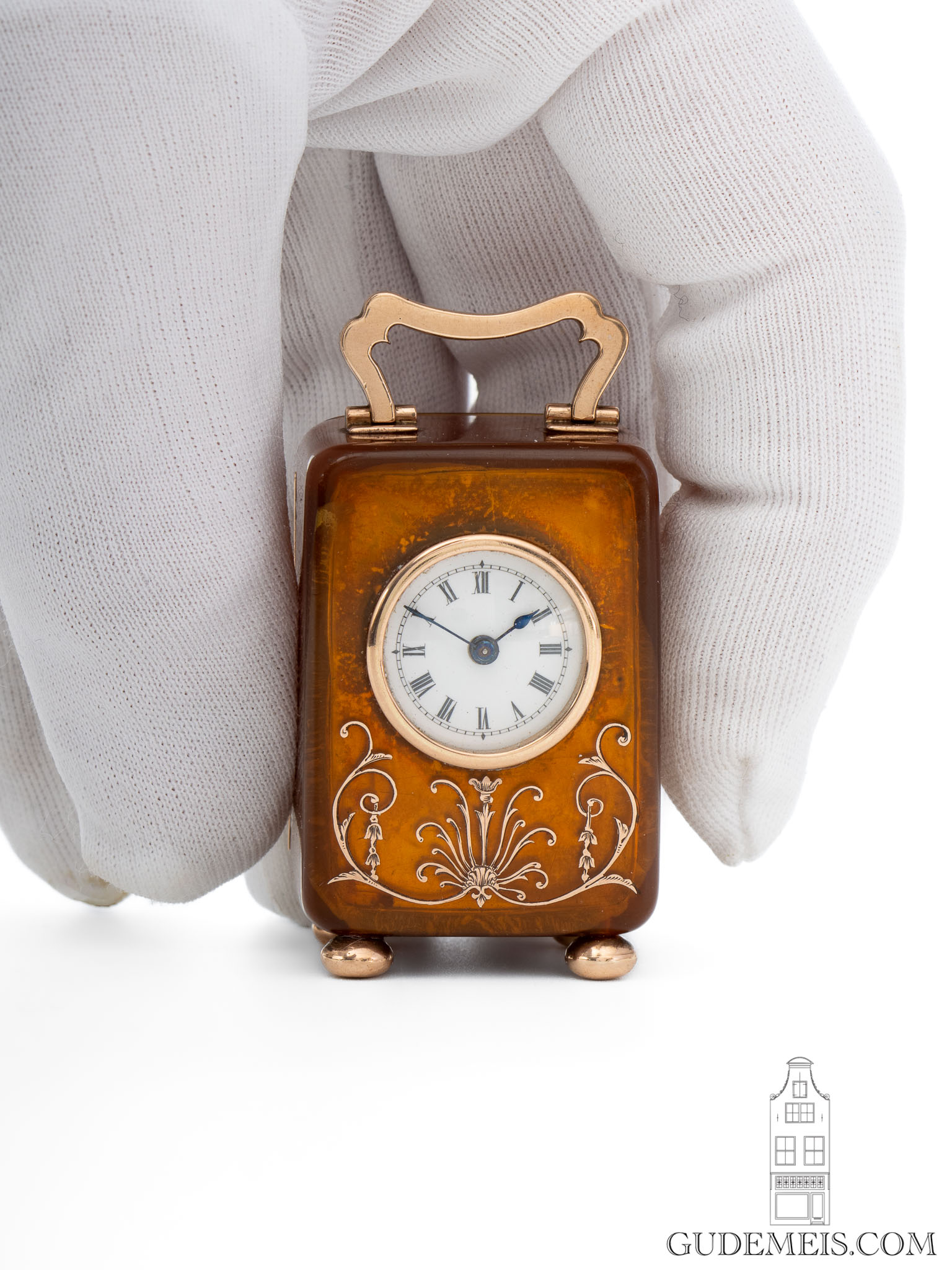 antique-Swiss-subminiature-English-London-Comyns-gold-ambrolite-travel-clock-