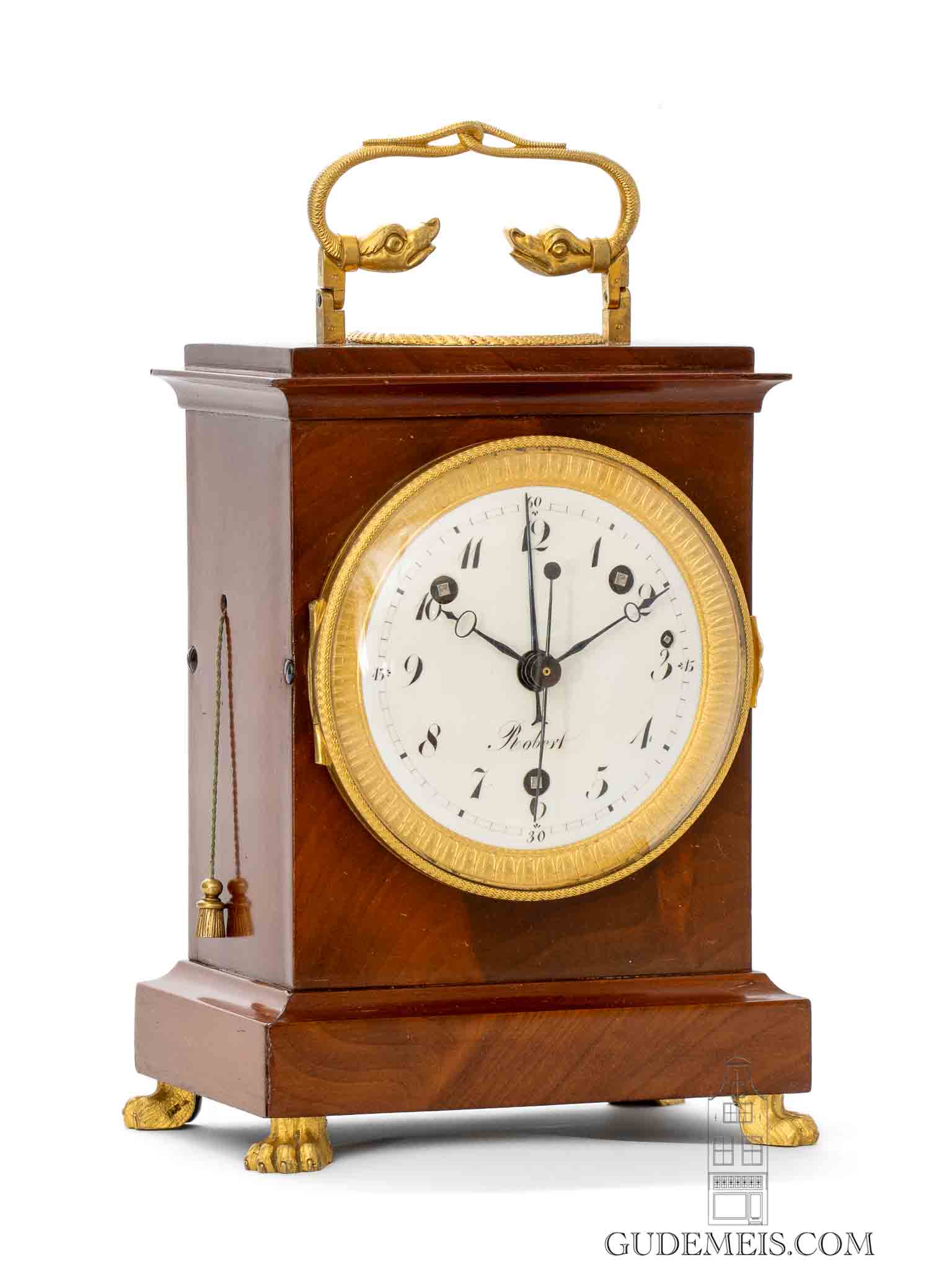 Swiss-Empire-ormolu-mahogany-quarter-striking-alarm-pendule-officier-Robert-