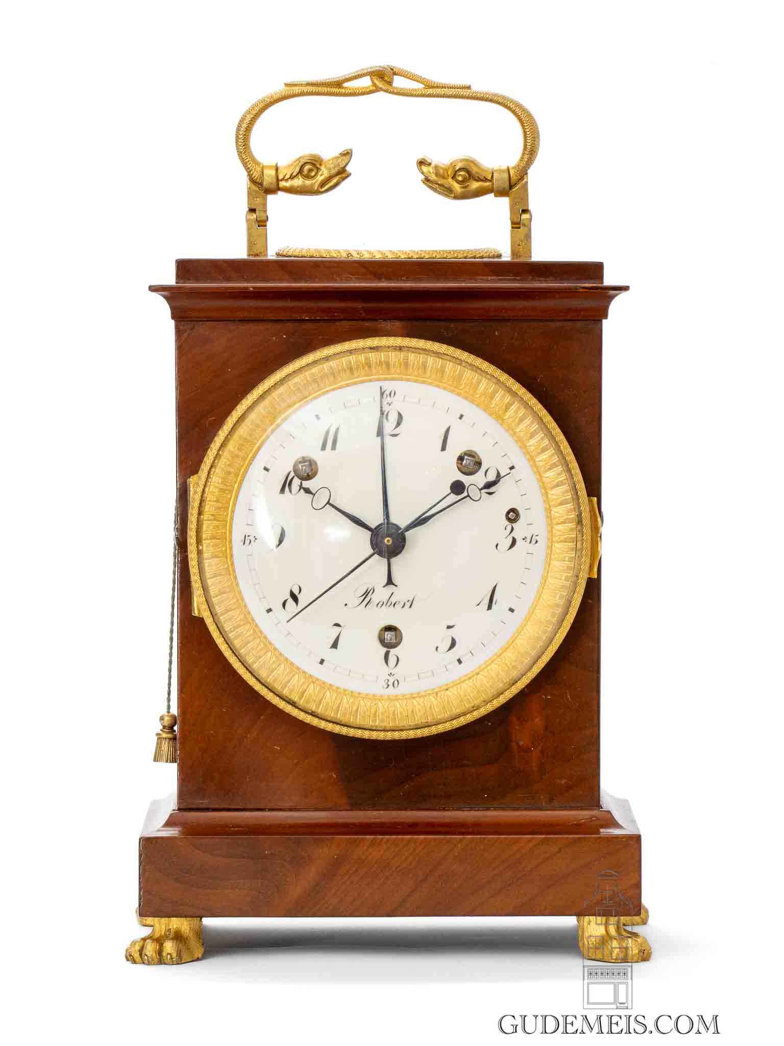 Swiss-Empire-ormolu-mahogany-quarter-striking-alarm-pendule-officier-Robert-