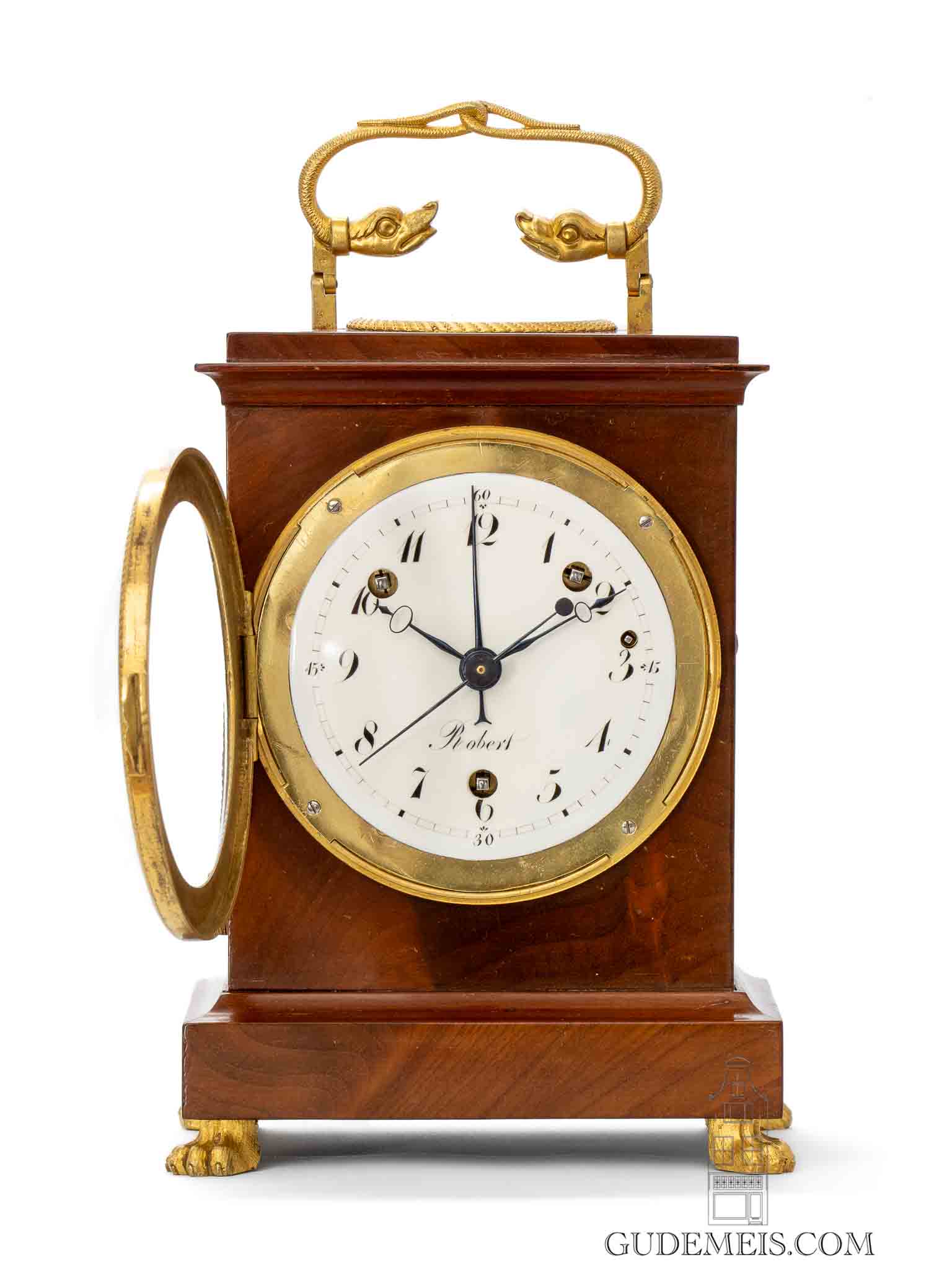 Swiss-Empire-ormolu-mahogany-quarter-striking-alarm-pendule-officier-Robert-