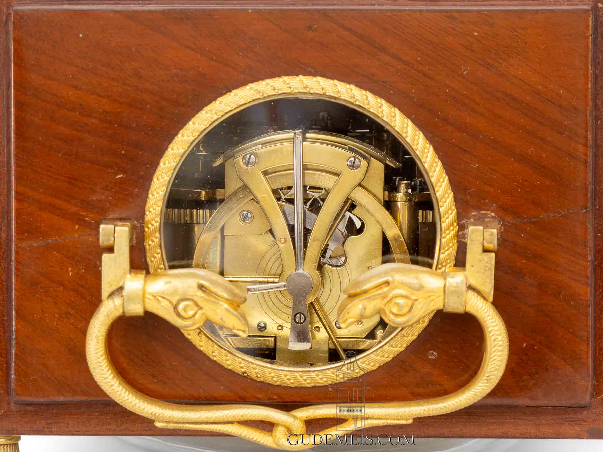 Swiss-Empire-ormolu-mahogany-quarter-striking-alarm-pendule-officier-Robert-