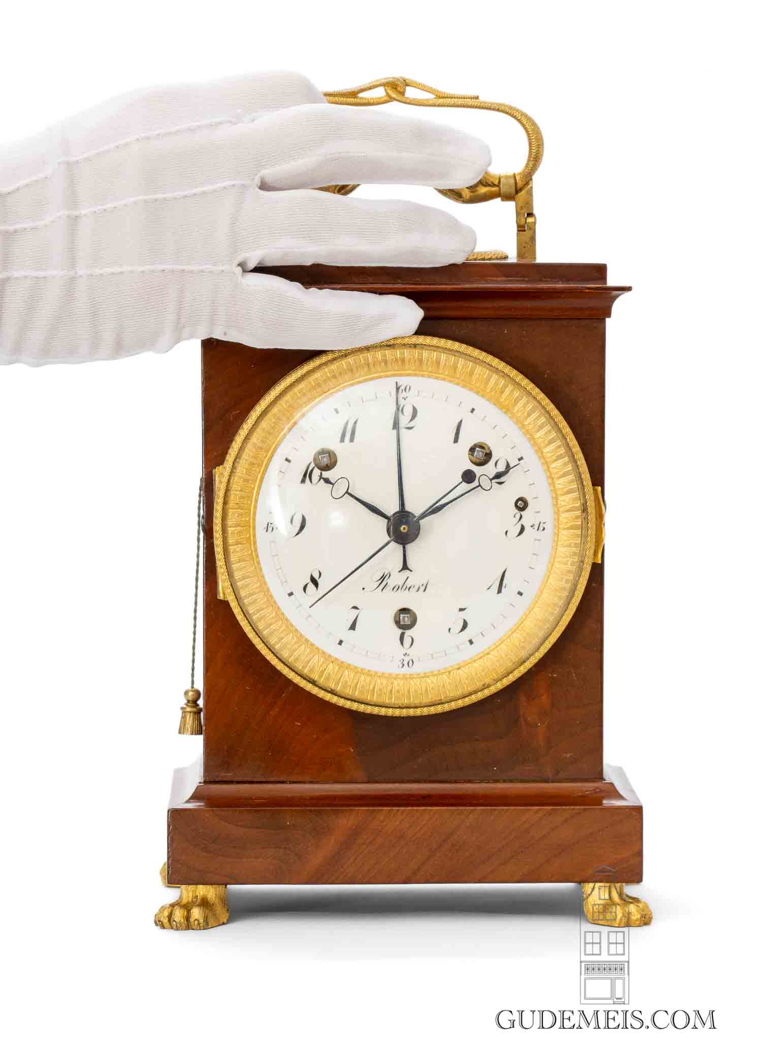 Swiss-Empire-ormolu-mahogany-quarter-striking-alarm-pendule-officier-Robert-