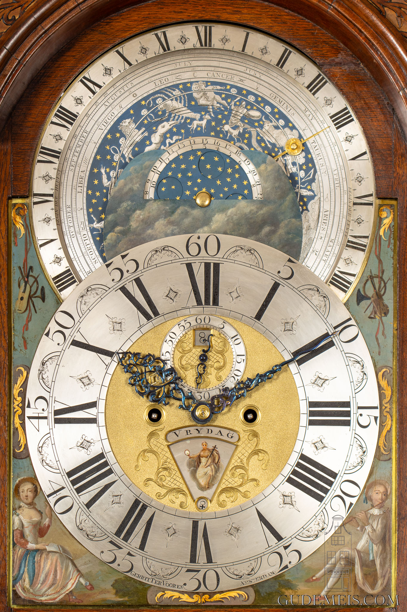 Dutch-rococo-Louis XVI-burr-walnut-quarter-striking-planisphere-planetarium-Amsterdam-longcase-clock-Gerrit-ter-vooren-