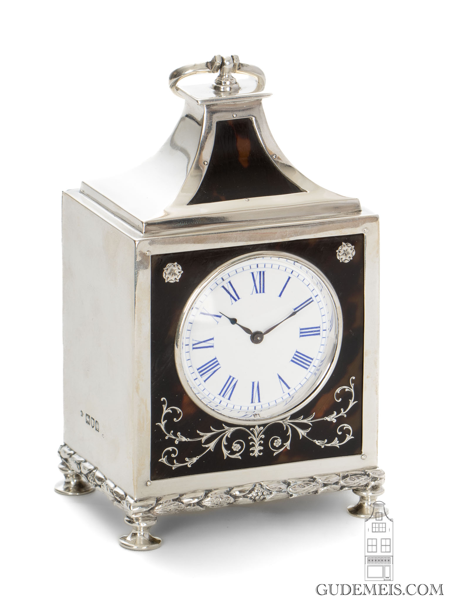 English-sterling-silver-tortoise-comyns-sons-travel-clock-1909-