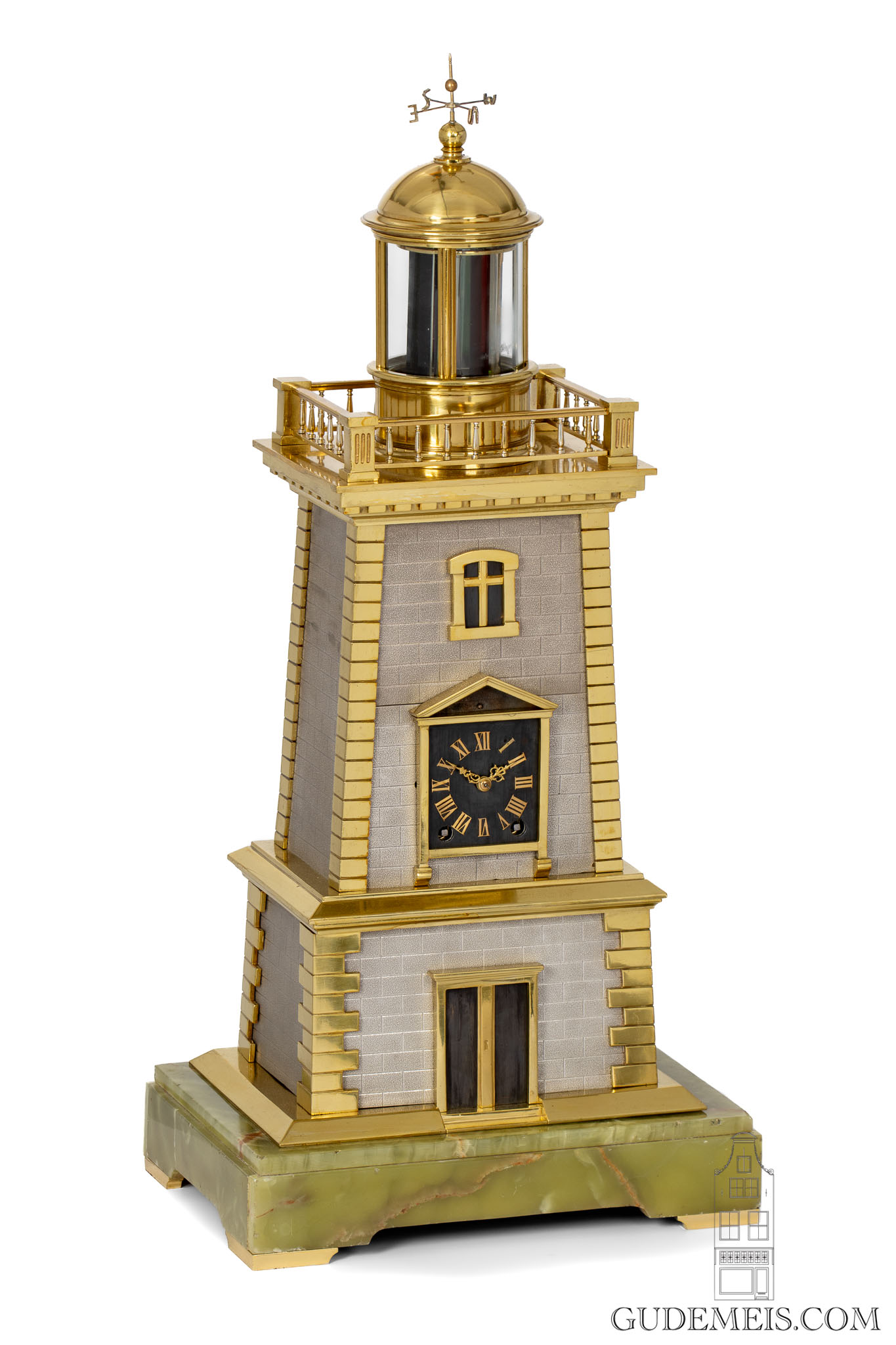 French-bronze-brass-onyx-industrial-mantel-clock-lighthouse-guilmet-animated-automaton-antique-clock-