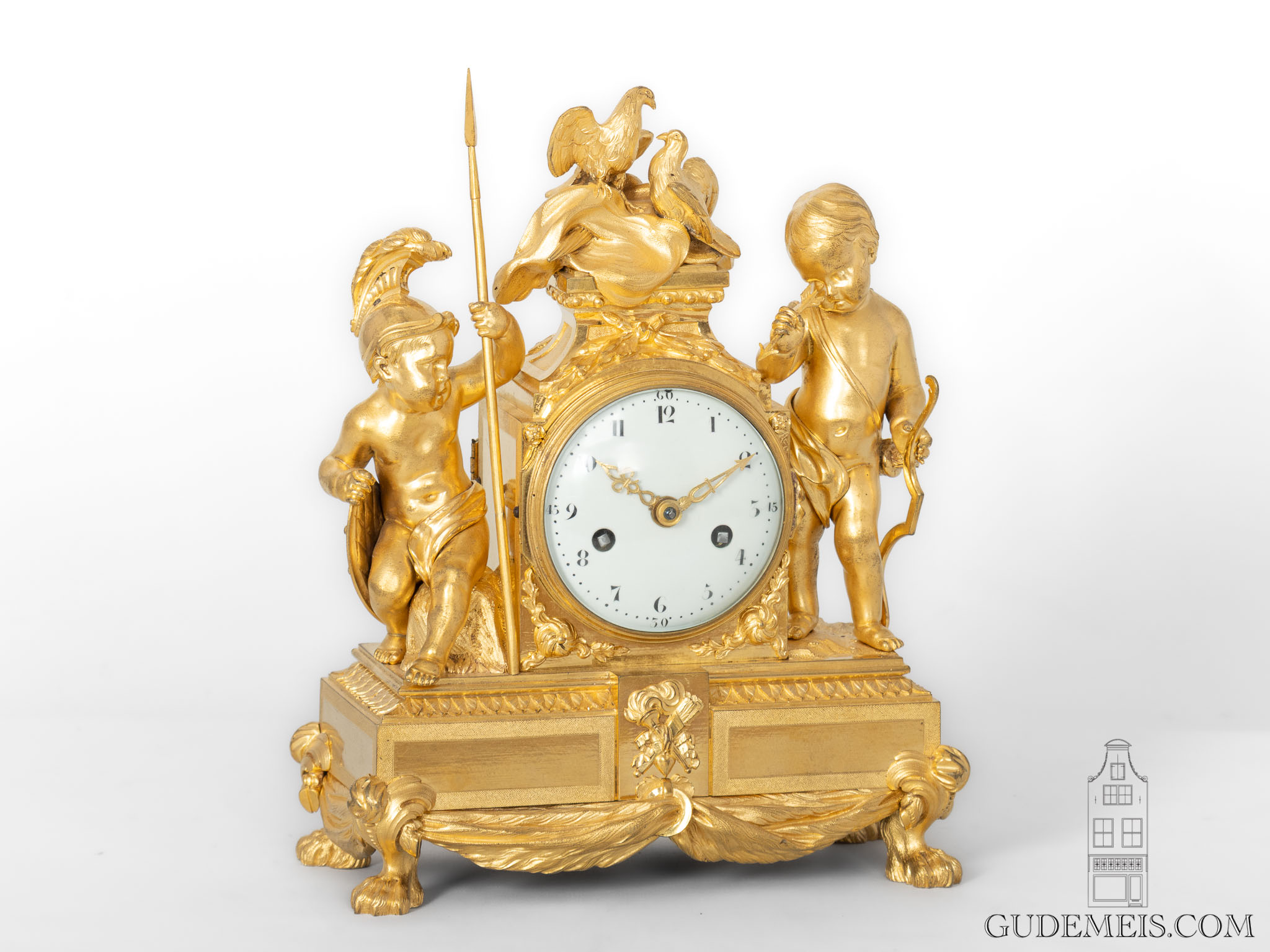 French-LouisXVI-ormolu-gilt-bronze-sculptural-antique-mantel-clock-Love-War-Francois-Vion-Paris-Amour Guerrier-