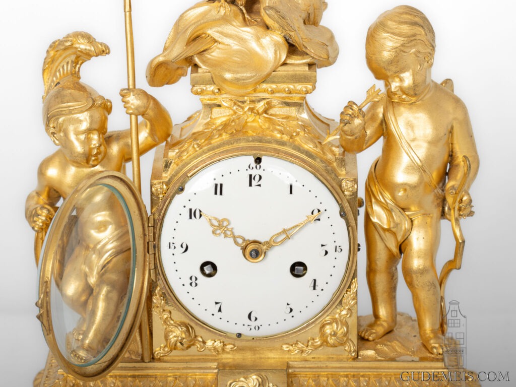 French-LouisXVI-ormolu-gilt-bronze-sculptural-antique-mantel-clock-Love-War-Francois-Vion-Paris-Amour Guerrier-