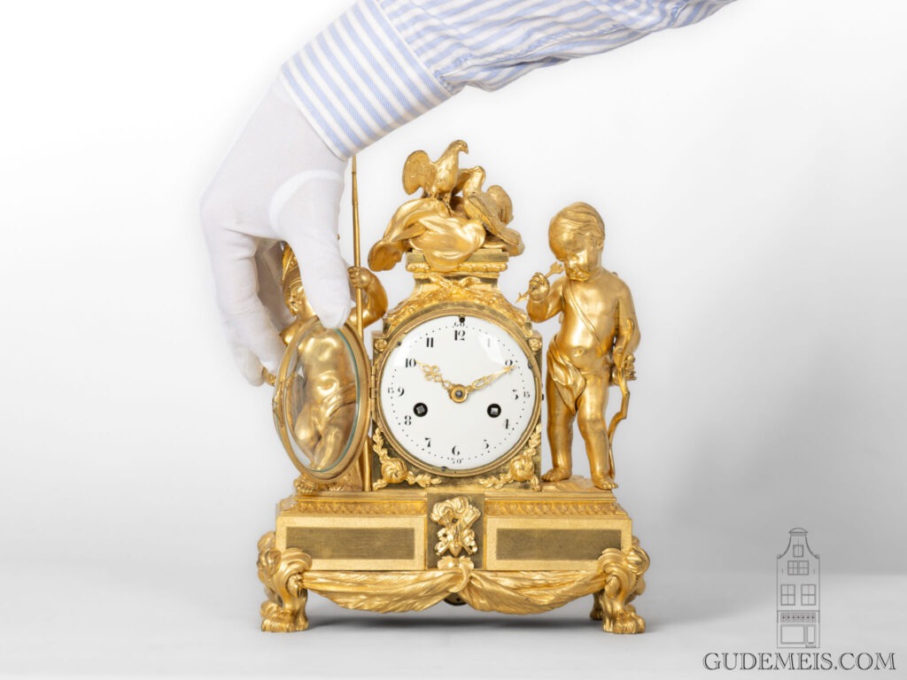French-LouisXVI-ormolu-gilt-bronze-sculptural-antique-mantel-clock-Love-War-Francois-Vion-Paris-Amour Guerrier-