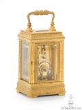 Back-view-French-miniature-engraved-silvered-gilt-brass-gorge-case-travel-carriage-clock-