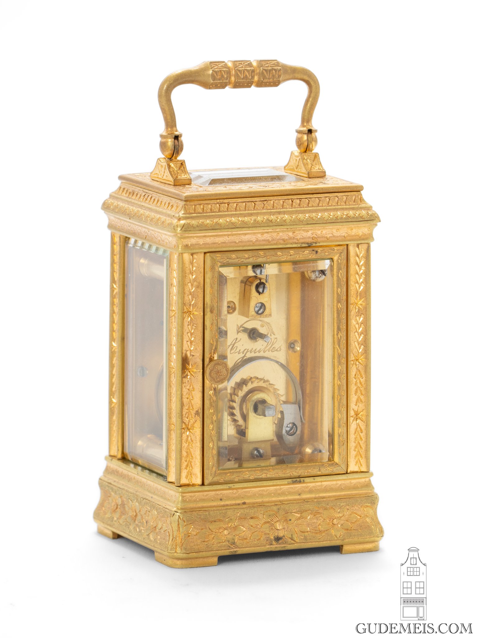 Back-view-French-miniature-engraved-silvered-gilt-brass-gorge-case-travel-carriage-clock-