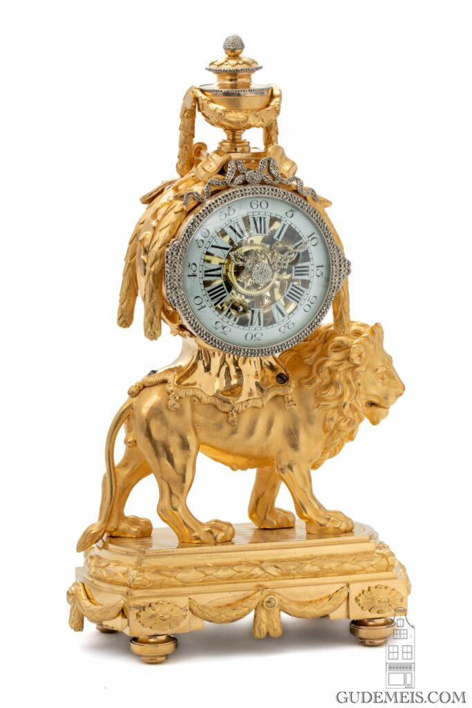 French-LouisXVI-Saintgermain-ormolu-gilt-bronze-marcasite-sculptural-lion-mantel-clock-glass-dial-