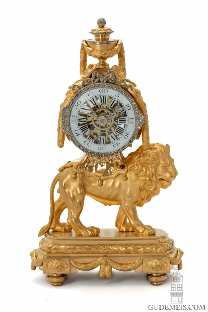 French-LouisXVI-Saintgermain-ormolu-gilt-bronze-marcasite-sculptural-lion-mantel-clock-glass-dial-