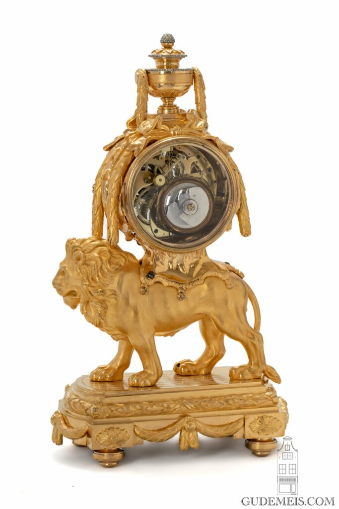 French-LouisXVI-Saintgermain-ormolu-gilt-bronze-marcasite-sculptural-lion-mantel-clock-glass-dial-