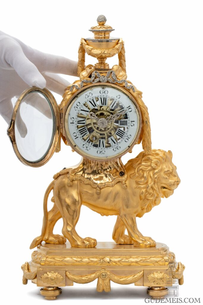 French-LouisXVI-Saintgermain-ormolu-gilt-bronze-marcasite-sculptural-lion-mantel-clock-glass-dial-