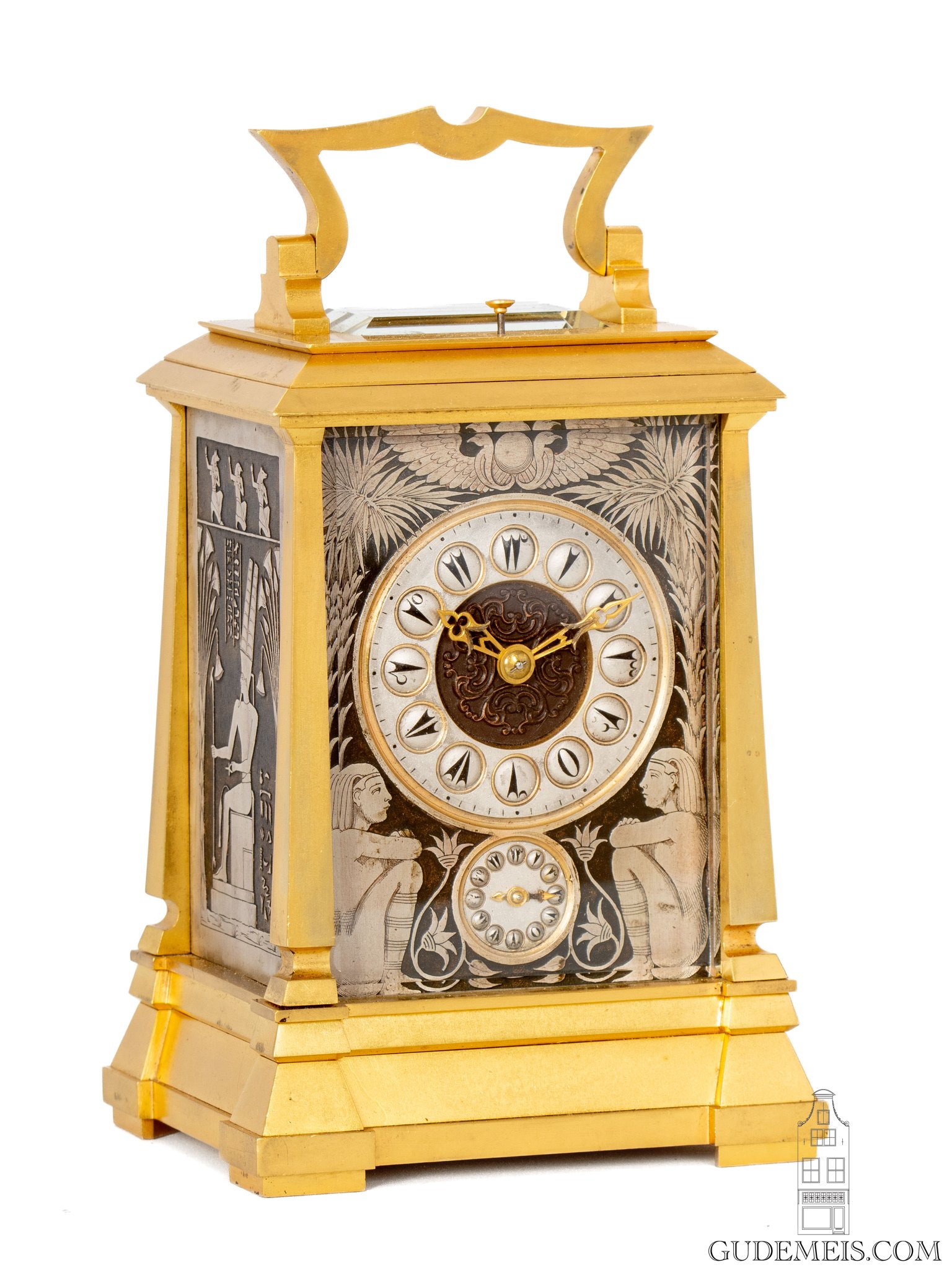 French-gilt-brass-Egyptian-revival-retour-Egypte-striking-carriage-antique-travel-clock-hieroglyphs panels-