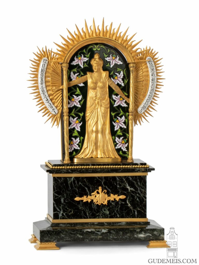 French-gilt-brass-marble-polychrome-enamel-novelty-clock-bras-en-l'air-