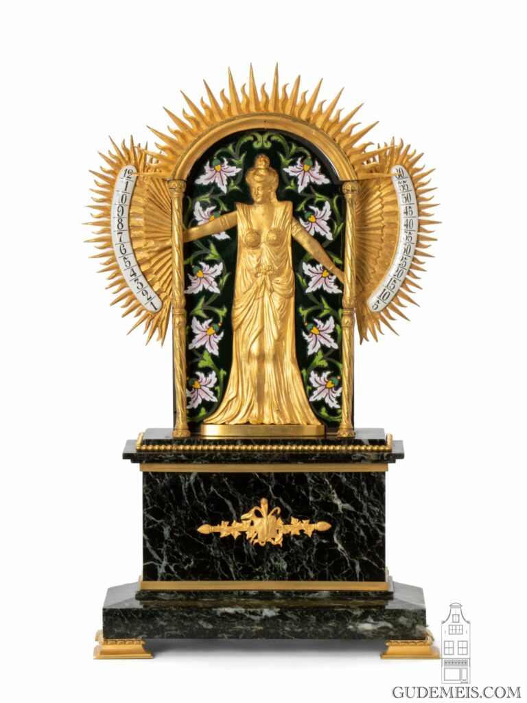 French-gilt-brass-marble-polychrome-enamel-novelty-clock-bras-en-l'air-
