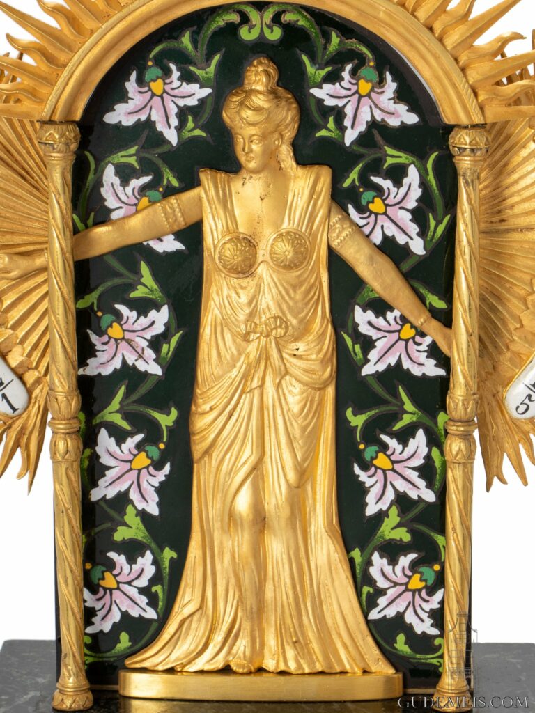 French-gilt-brass-marble-polychrome-enamel-novelty-clock-bras-en-l'air-