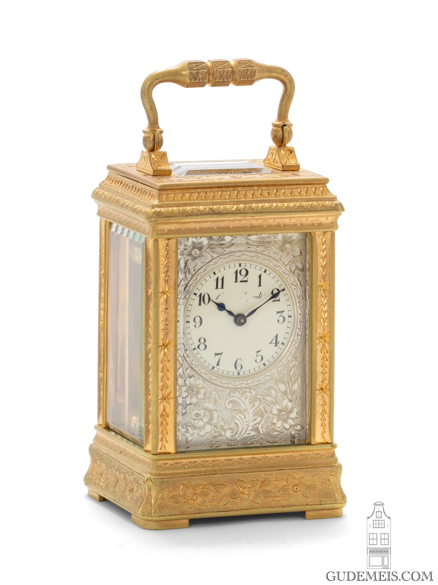 French-miniature-engraved-silvered-gilt-brass-gorge-case-travel-carriage-clock-