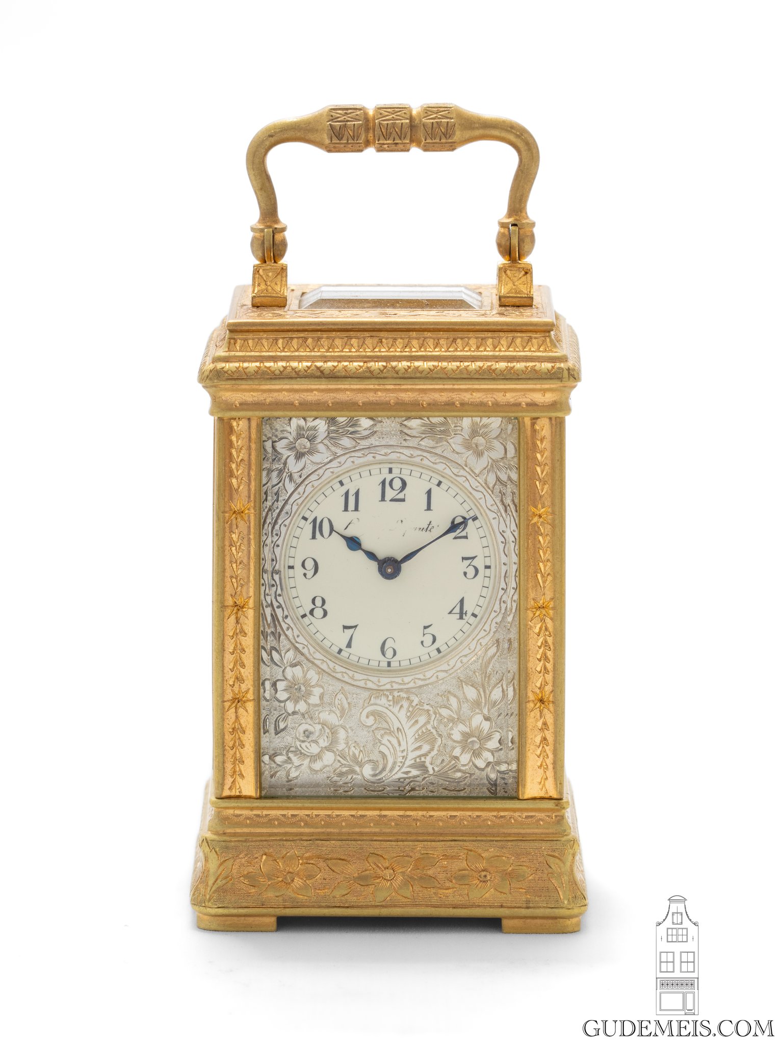 French-miniature-engraved-silvered-gilt-brass-gorge-case-travel-carriage-clock-