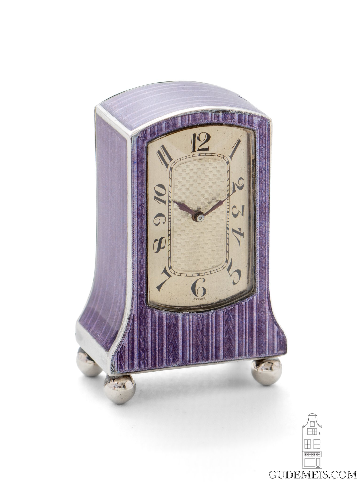 Swiss-sterling-silver-art-deco-guilloche-enamel-arched-subminiature travel-clock-