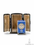 Swiss-subminature-silver-blue-enamel-Art-Deco-Shou-symbol-travel clock-