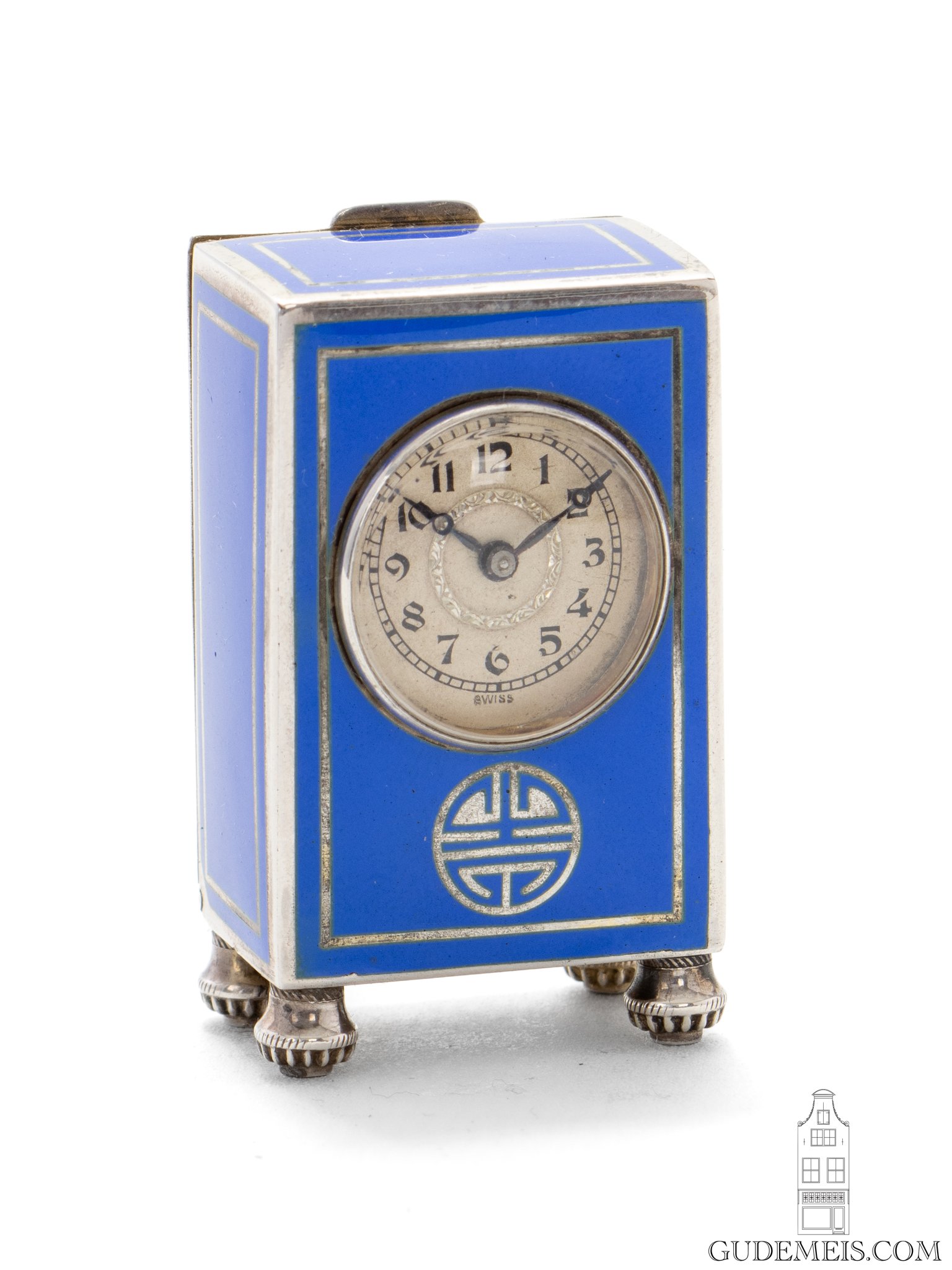 Swiss-subminature-silver-blue-enamel-Art-Deco-Shou-symbol-travel clock-