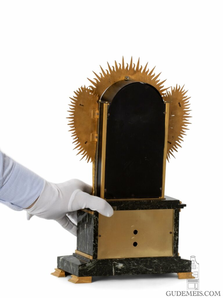 French-gilt-brass-marble-polychrome-enamel-novelty-clock-bras-en-l'air-