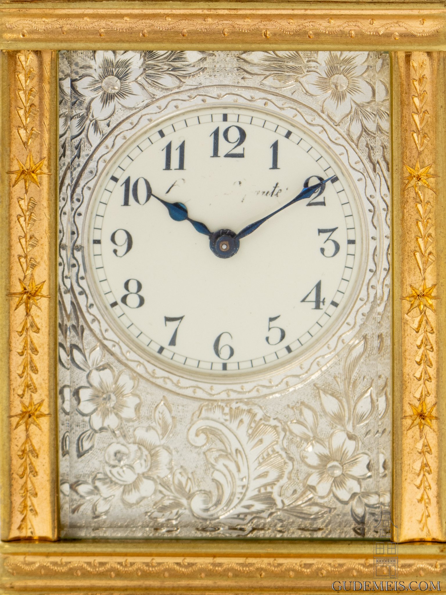 engraved-dial-mask-French-miniature-engraved-silvered-gilt-brass-gorge-case-travel-carriage-clock-