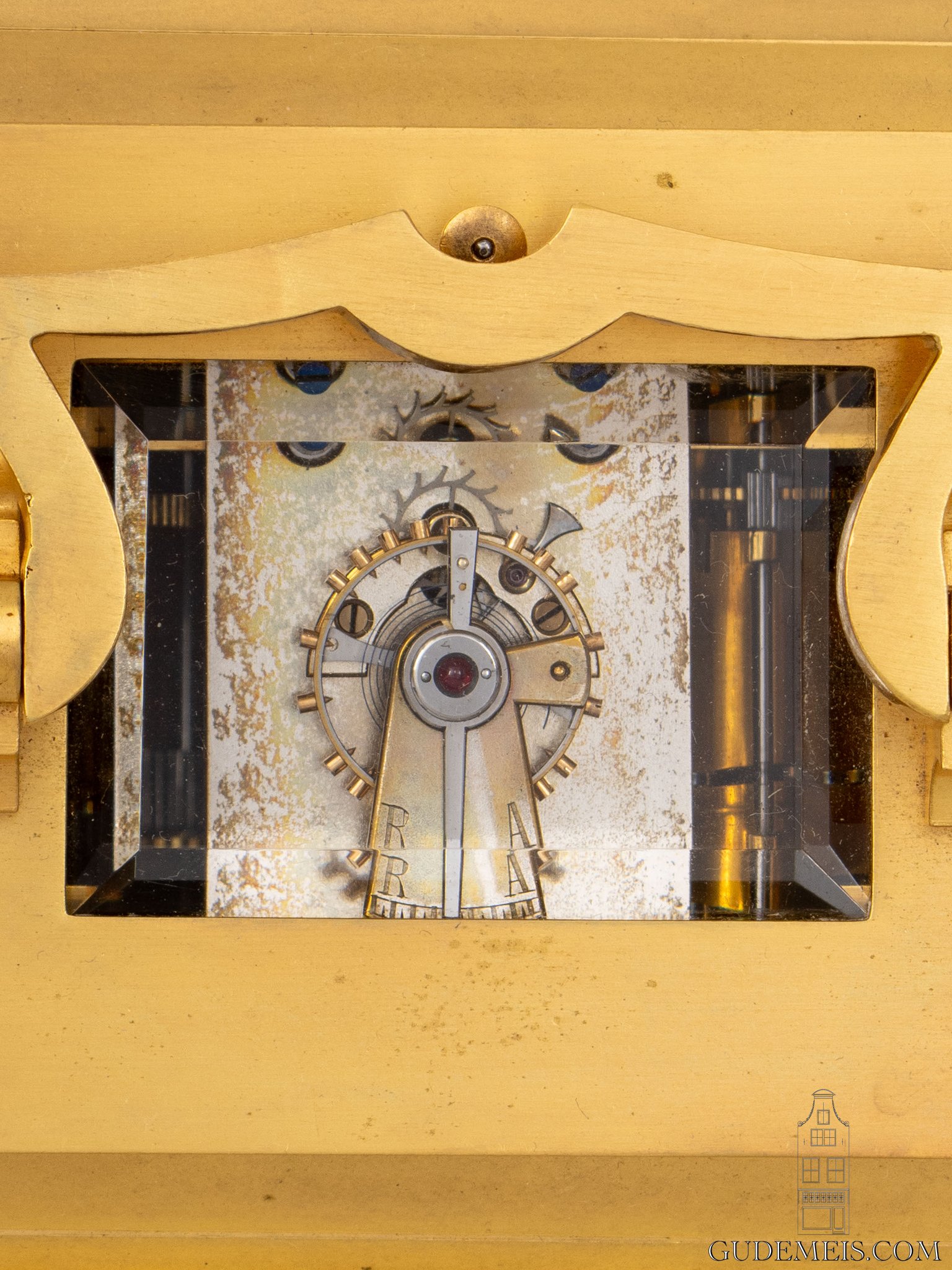 escapement-French-gilt-brass-Egyptian-revival-retour-Egypte-striking-carriage-antique-travel-clock-hieroglyphs panels-