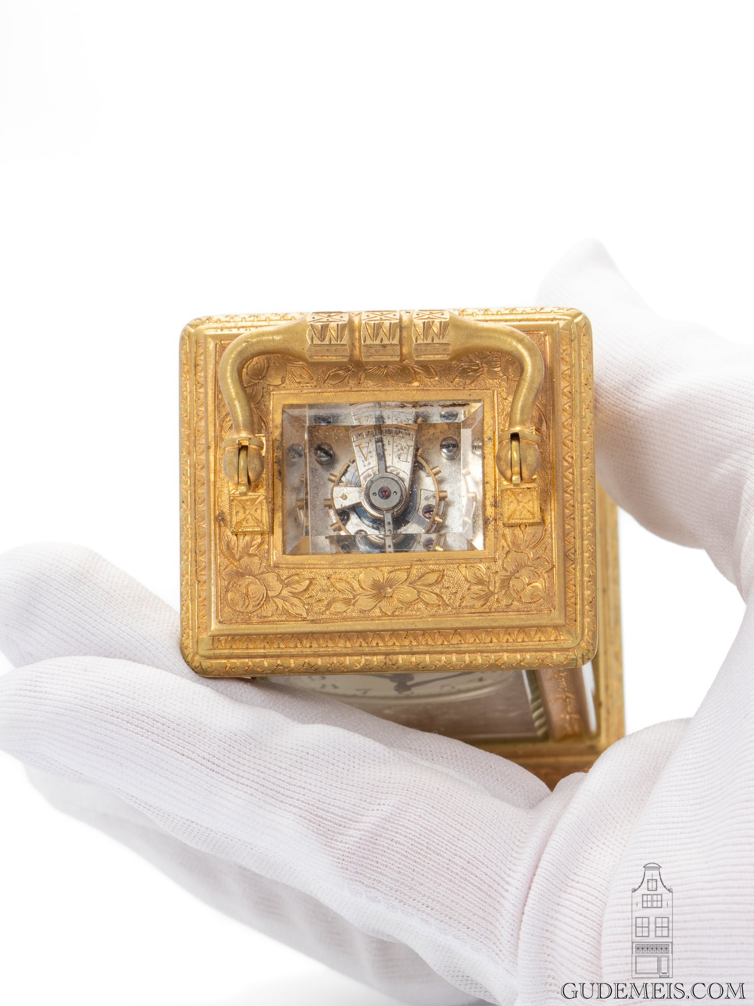 platform-Escapement-French-miniature-engraved-silvered-gilt-brass-gorge-case-travel-carriage-clock-