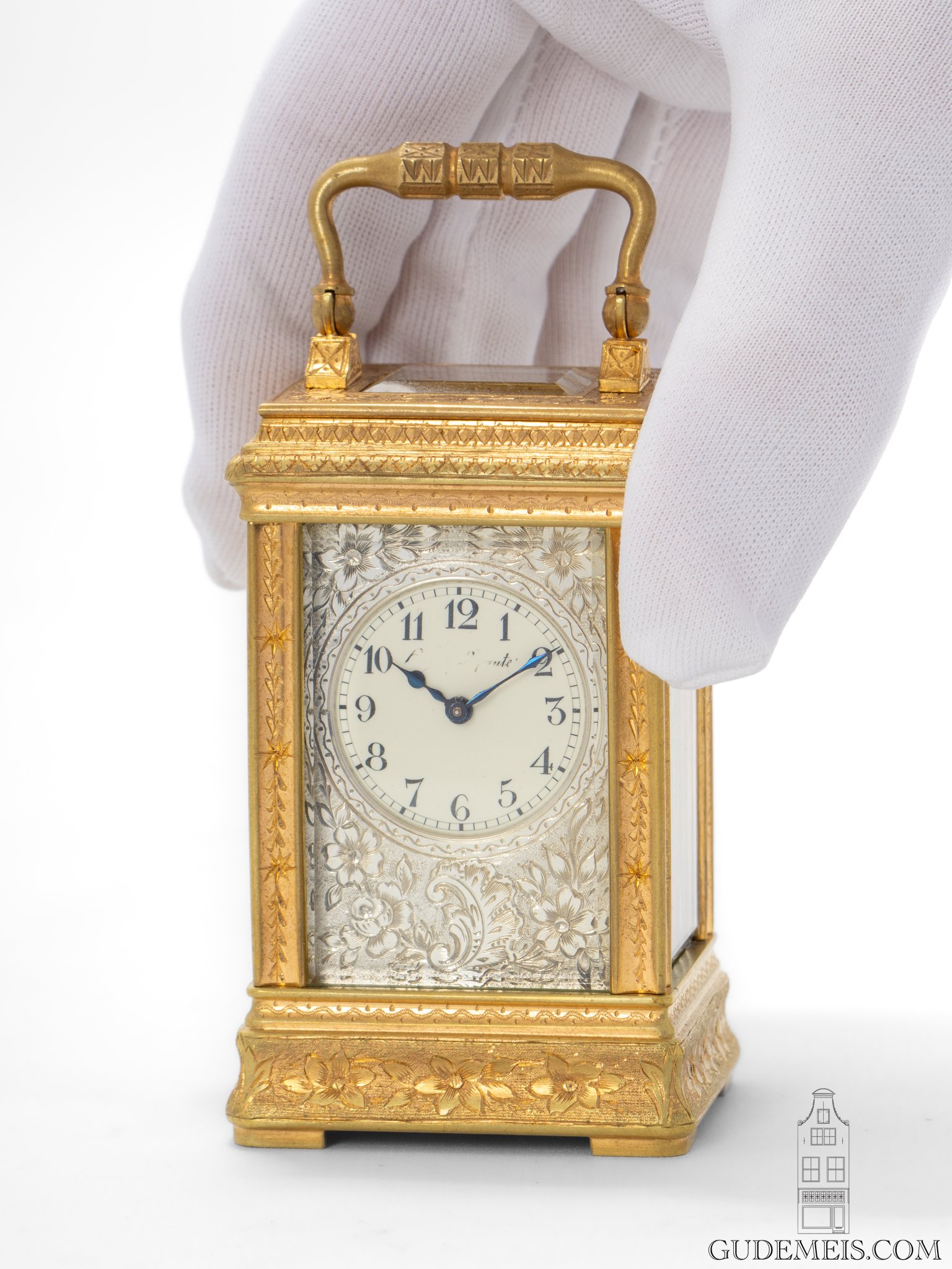 proportions-French-miniature-engraved-silvered-gilt-brass-gorge-case-travel-carriage-clock-